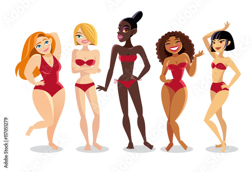 Beautiful young women in bikini of a different nationality. The girls of Latin America, Africa, Asia and Europe. 