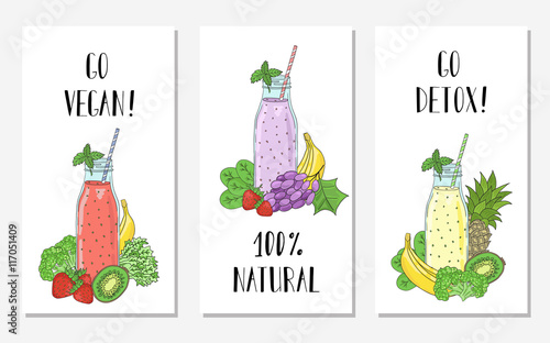 Cards with the image of bottles smoothies and fruits, vegetables. Detox, healthy eating.