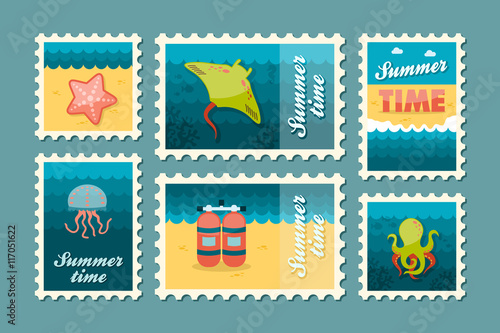 Diving stamp set. Summer. Vacation