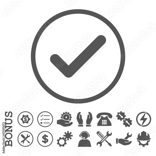 Ok vector icon. Image style is a flat pictogram symbol inside a circle, gray color, white background. Bonus images are included.