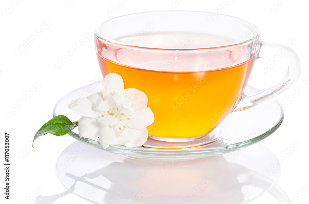 Glass cup of tea with jasmine on the white background Glass cup of tea with jasmine on the white background