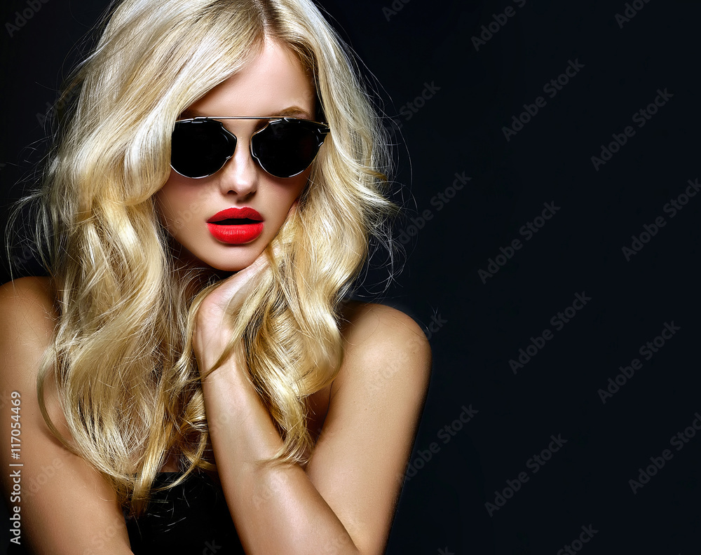 portrait of beautiful cute blonde woman girl in sunglasses with red lips portrait of beautiful cute blonde woman girl in sunglasses with red lips