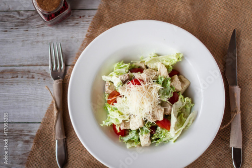 Salad with chicken, mozzarella and cherry tomatoes.