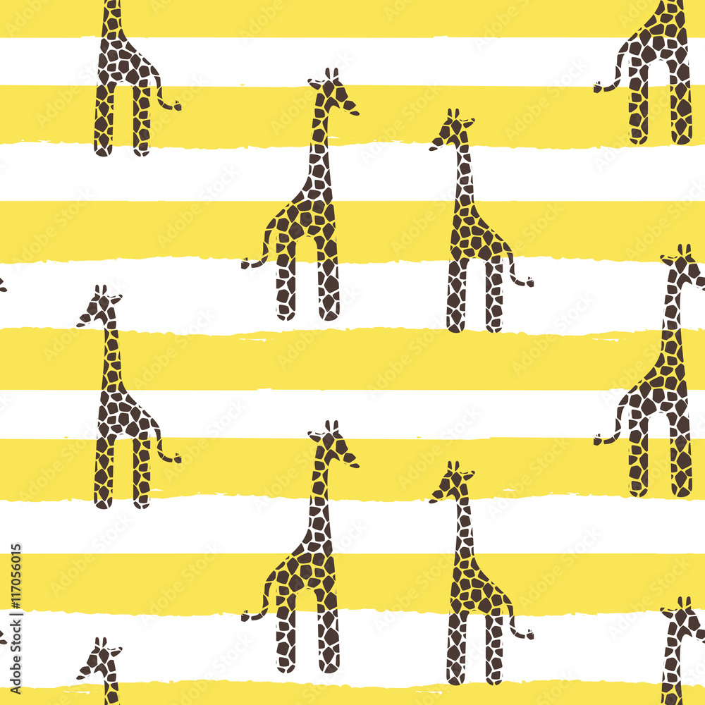 Fototapeta premium Giraffe vector seamless pattern. Giraffe yellow and white texture stains. Safari wild animal background with yellow horizontal bold lines for baby infant apparel.