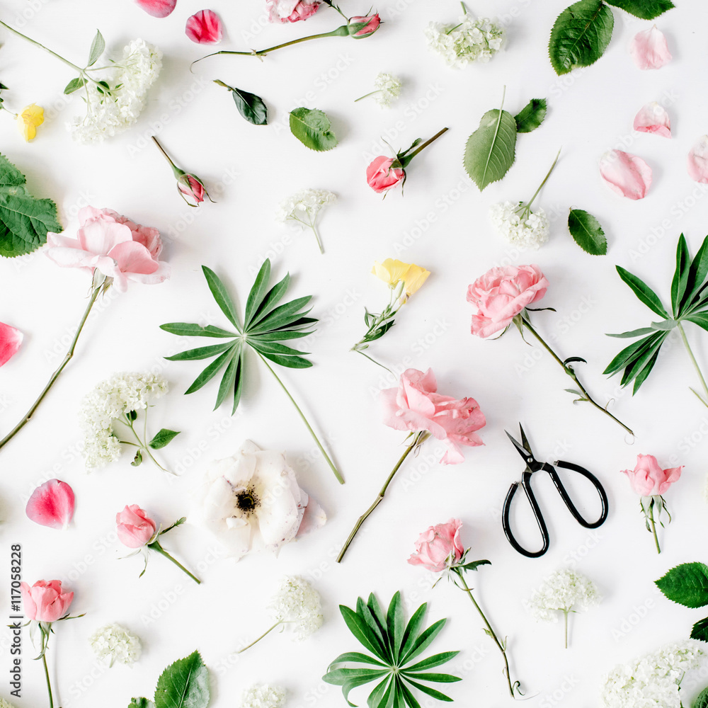 pink roses and scissors on white background. flat lay, top view - obrazy, fototapety, plakaty 