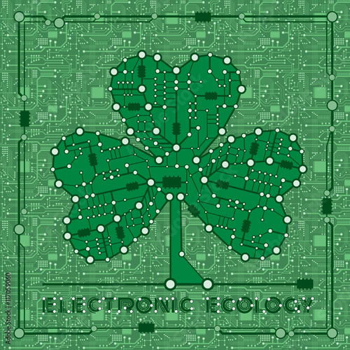 banner from abstract drawing in form shamrock clover with elements computer and motherboard for holiday st patrick’s day