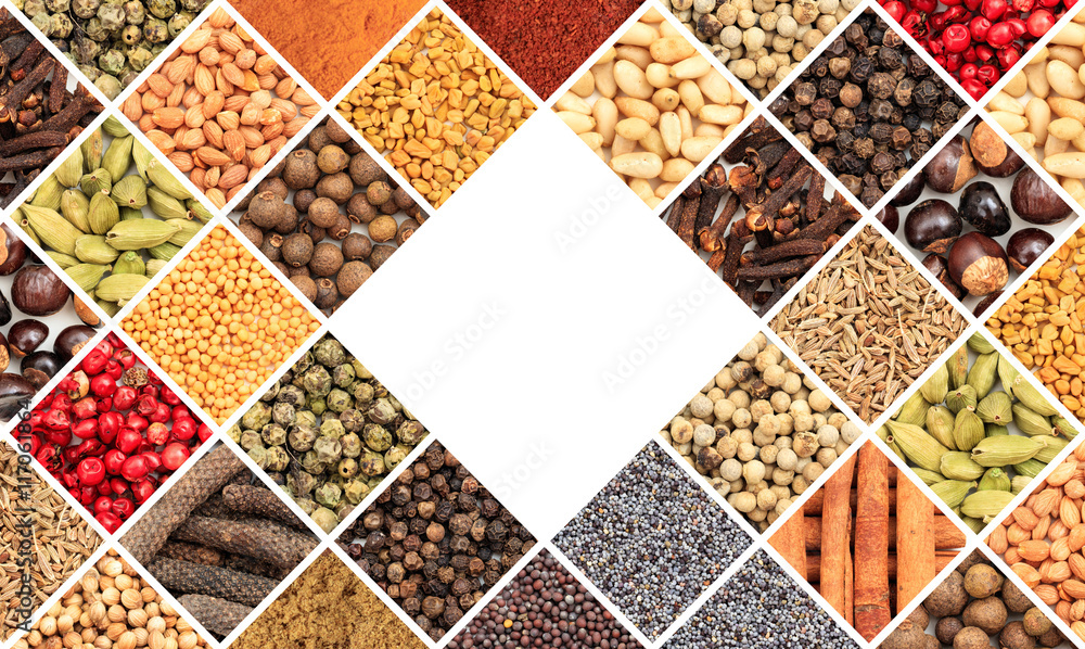 Various spice seeds collage and copy space