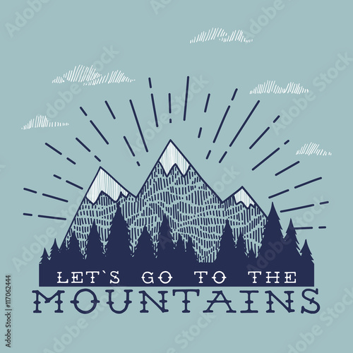 Vector illustration with mountains peaks end forest