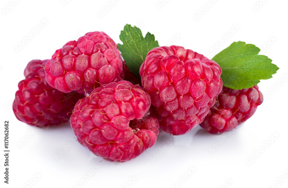 Ripe red raspberries with leaves isolated on white background Ripe red raspberries with leaves isolated on white background