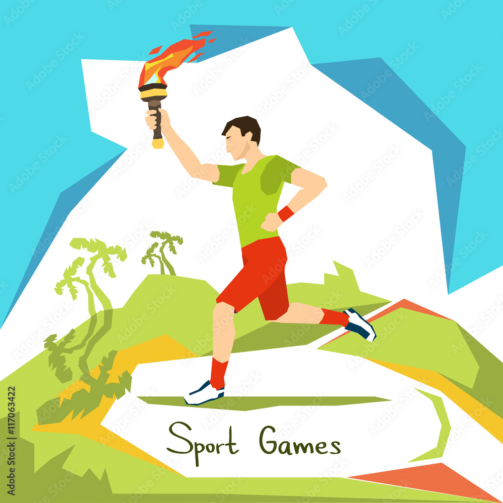 Fototapeta premium Runner With Fire Torch Sport Competition Start