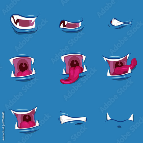 Vampire monster mouths vector set. Flat Monster expression mouth with teeth and tongue isolated on white.