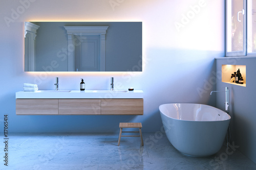 Luxury bathroom with window and marble floor. 3d render.