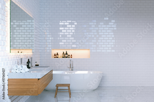 Luxury minimalist bathroom interior with brick walls. 3d render.
