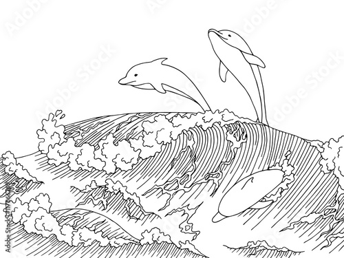 Sea dolphins wave graphic art surf black white landscape sketch illustration vector