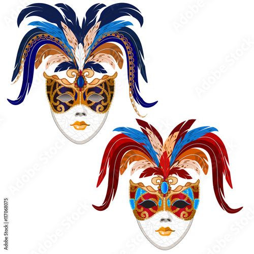 Set of stylized old carnival masks of ladies. The mask decorated with feathers.