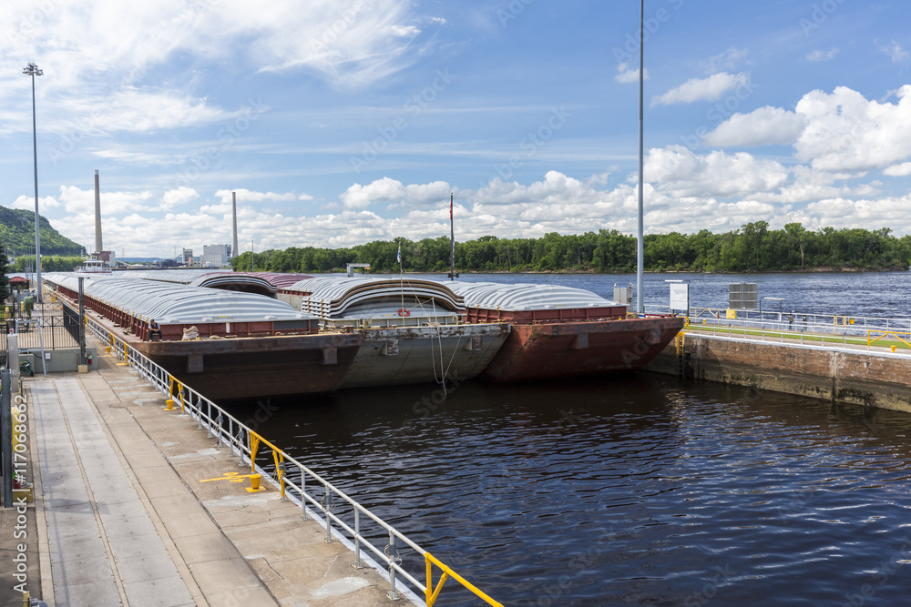 River Barge Entering Lock and Dam