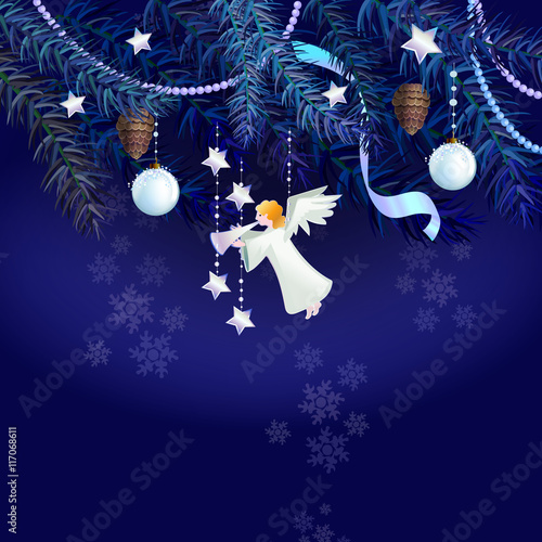 Vector illustration with Christmas angel and branches of pine. On the branch hang white new year balls.