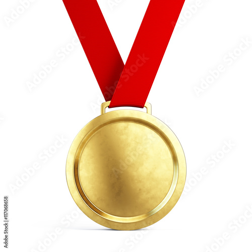 фотографія First place Gold medal with red ribbon isolated on white background - 3d illustr