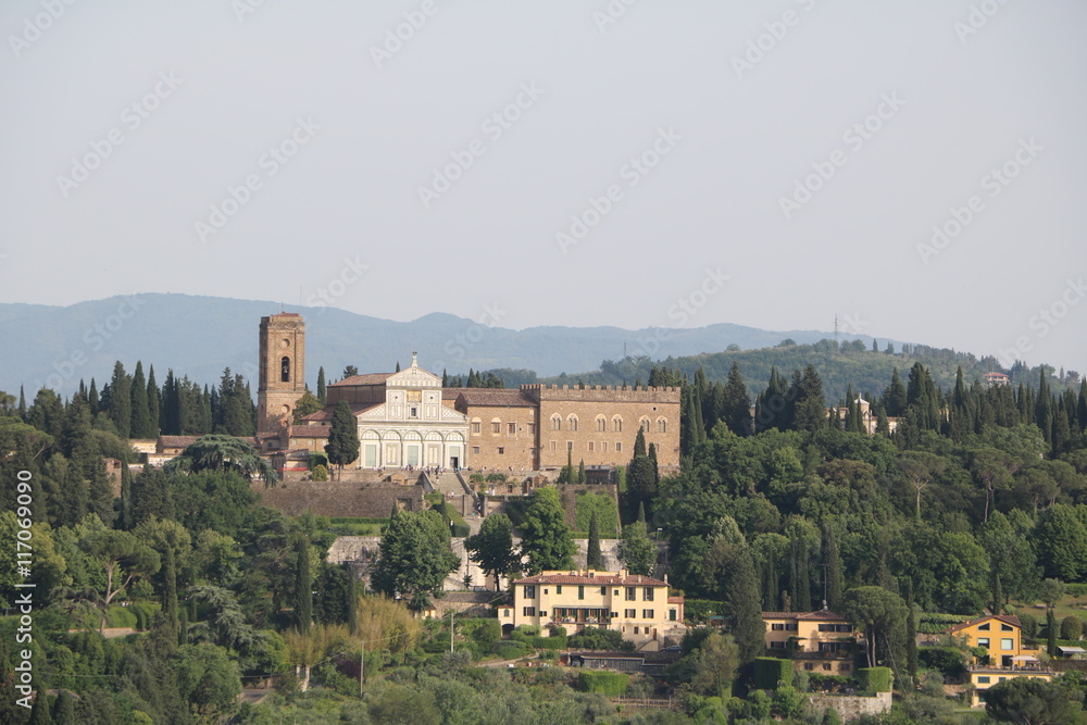 View to Basilica San Miniato al Monte and Episcopal Palace from Palazzo Vecchio, Florence Italy