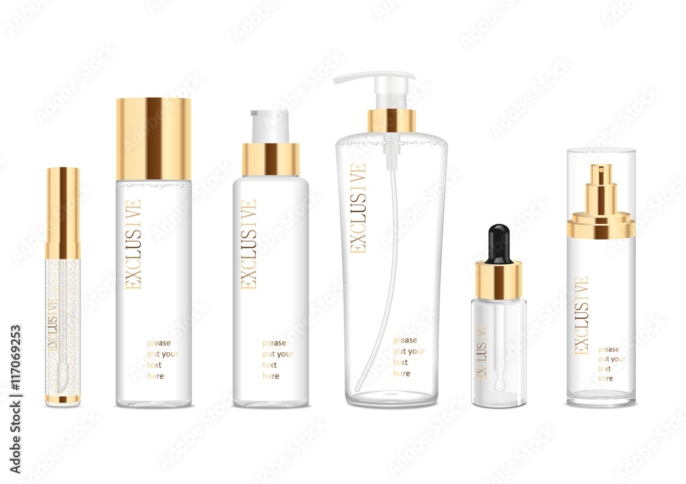 Set of six transparent cosmetic tubes. Vector