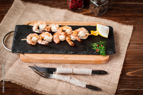 Grilled shrimps on frying pan