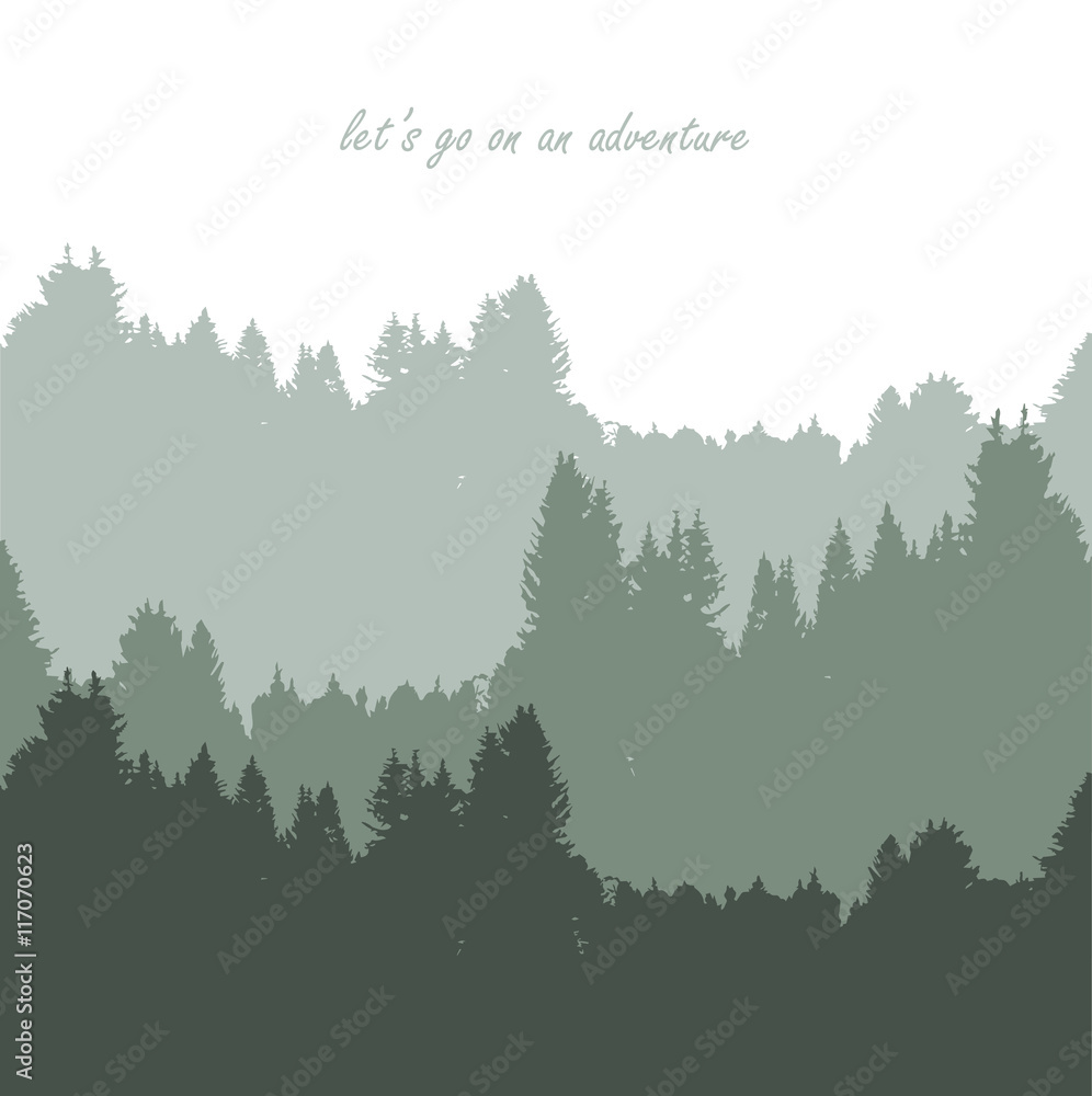Plakat Wild coniferous forest background. Pine tree, landscape nature, wood natural panorama. Outdoor camping design template. Vector illustration