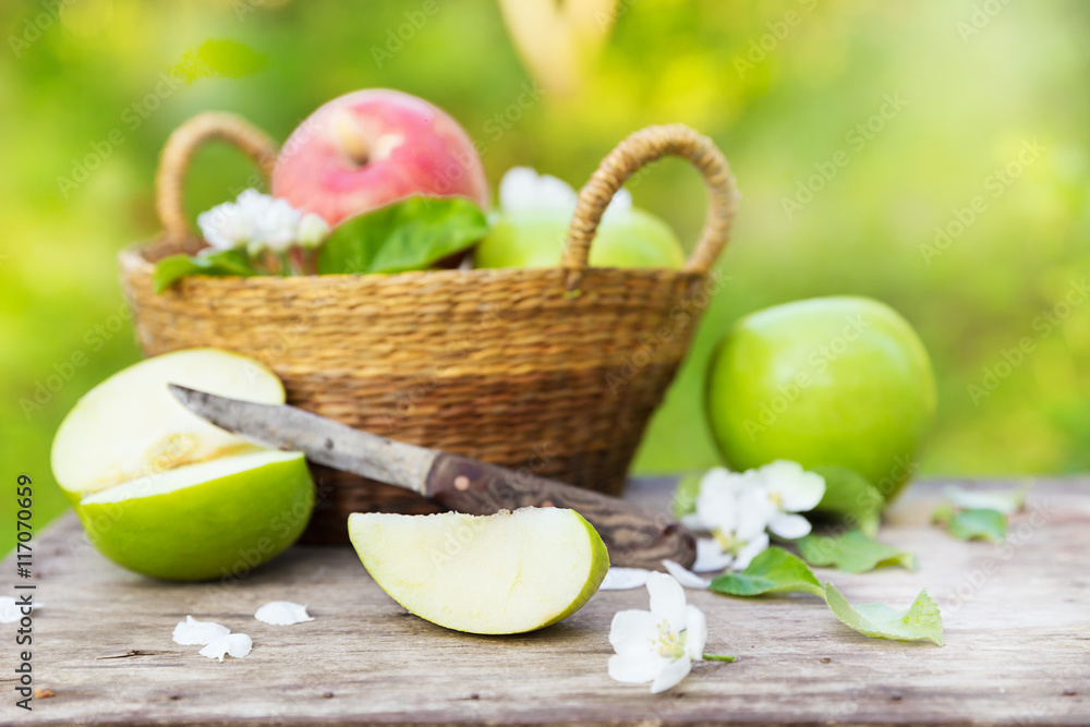 Fresh red and green apples with flowers in sunny garden Fresh red and green apples with flowers in sunny garden