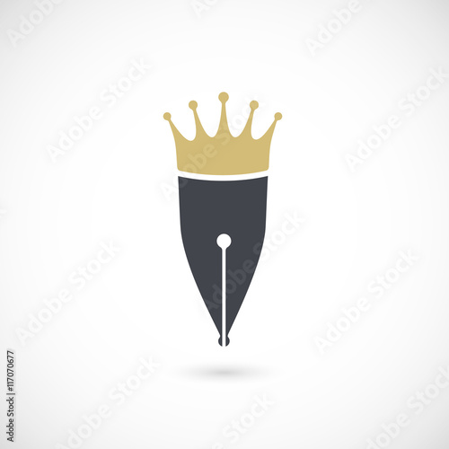 Fountain pen icon and crown icon / logotype. Isolated on white background. Vector illustration, eps 10.