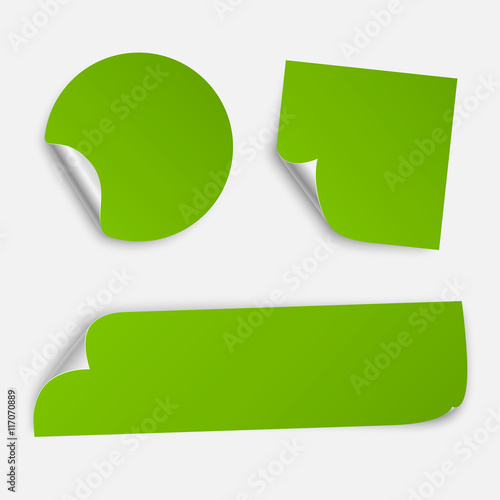 Set of three paper sticker templates with bent edge. Isolated on white background. Vector illustration, eps 10.