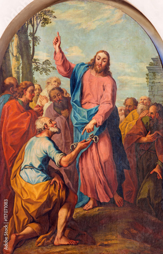 BRESCIA, ITALY - MAY 22, 2016: The painting Jesus consigning the keys to Peter in church Chiesa di Santa Maria dei Miracoli by E. Albricci ( 1717 - 1775)