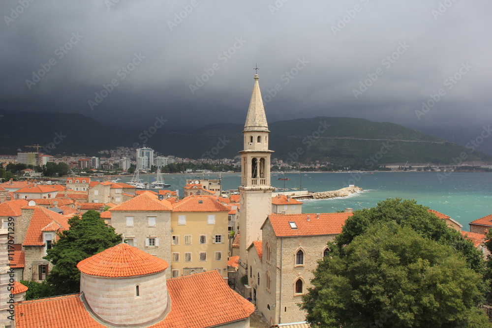 View from the сentral part of Budva old town during a summer thunderstorm