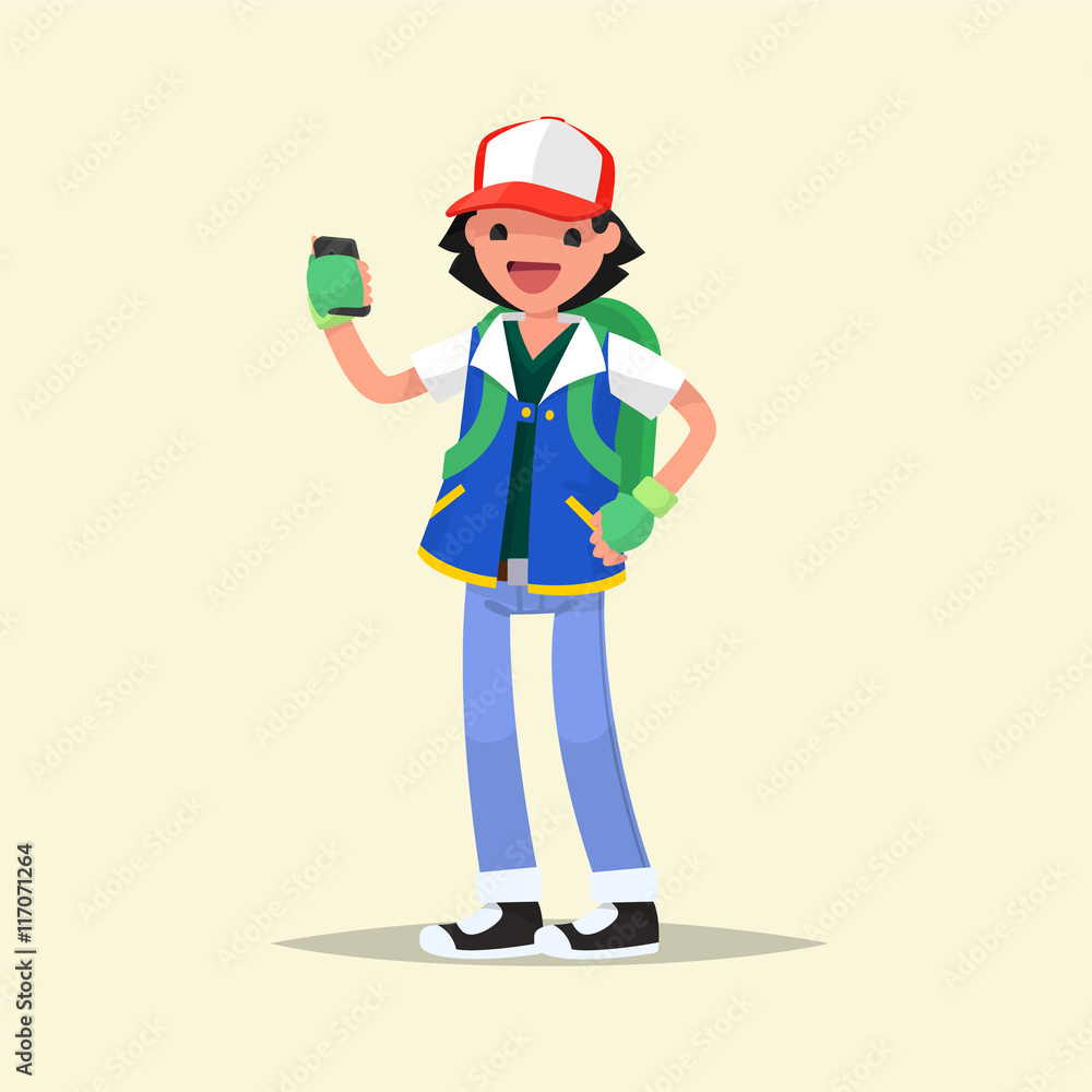 Playing boy with a smartphone in hand. Vector illustration Playing boy with a smartphone in hand. Vector illustration