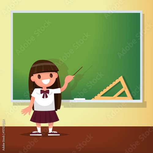 Back to school. Schoolgirl meets at the blackboard. Vector illus