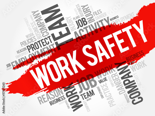 Work Safety word cloud collage with terms such as employee, company, business concept background