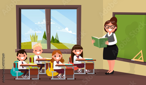 Lesson. A teacher with pupils in primary school classroom. Vecto