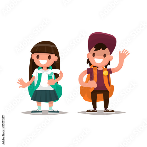 Students Elementary school. Schoolboy and schoolgirl together. V