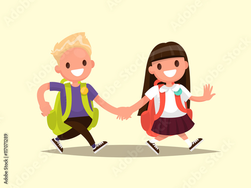 Students Elementary school . Schoolboy and schoolgirl go togethe