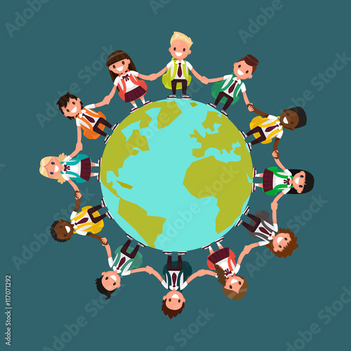 Students of different nationalities around the world. Vector ill