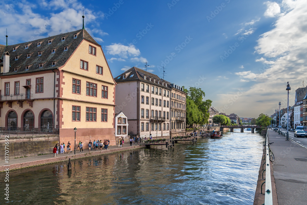 Strasbourg, France. Waterfront Ile river. On the left - the building of the old slaughterhouse (Grande boucherie), 1588
