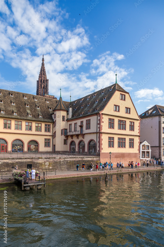 Strasbourg, France. The Renaissance building of the old slaughterhouse (Grande boucherie), built in 1586-1588. Marina of tourist ships
