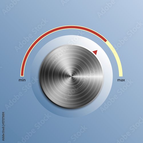 Metal volume button with red yellow scale, blue background. Vector illustration.