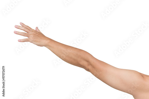 Man hands try to grab something isolated on white background, clipping path