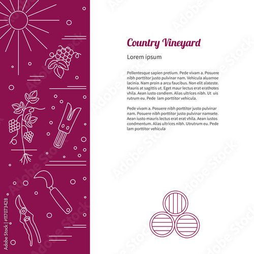 Winemaking, wine tasting flyer, poster with winery symbols and with place for your text. Vector design template with winery graphic design elements in white mono line style isolated on background.