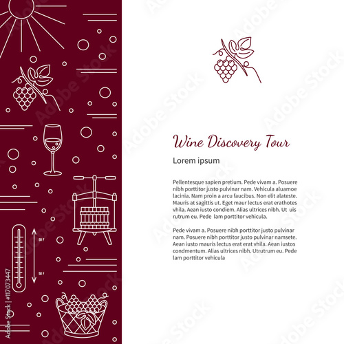 Winemaking, wine tasting flyer, poster with winery symbols and with place for your text. Vector design template with winery graphic design elements in white mono line style isolated on background.