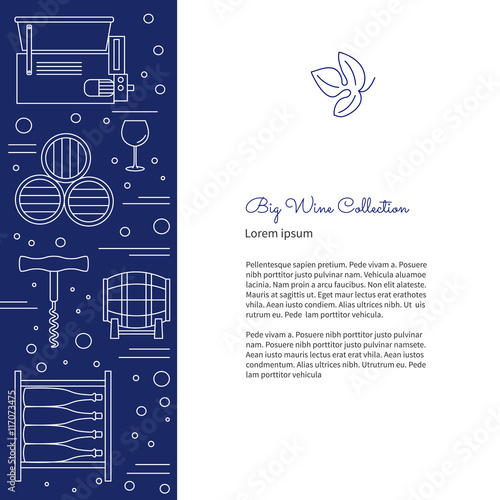 Winemaking, wine tasting flyer, poster with winery symbols and with place for your text. Vector design template with winery graphic design elements in white mono line style isolated on background.
