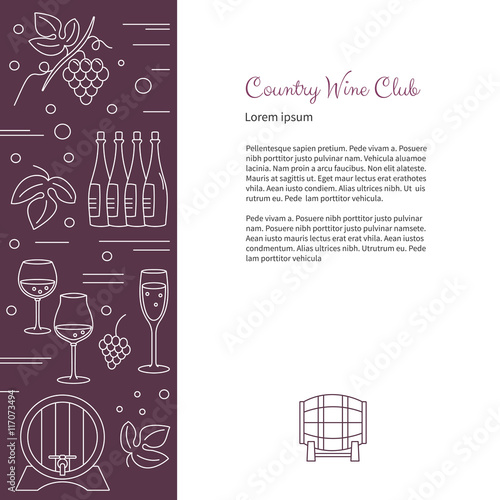 Winemaking, wine tasting flyer, poster with winery symbols and with place for your text. Vector design template with winery graphic design elements in white mono line style isolated on background.