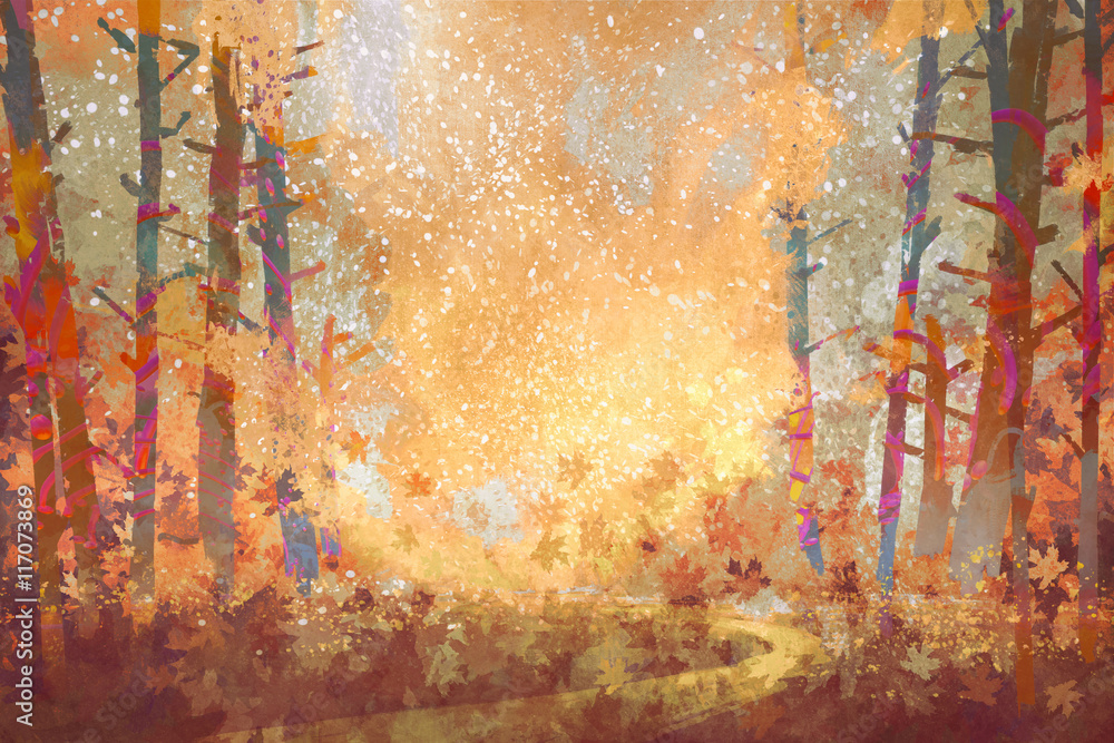 Naklejka premium pathway in autumn forest,landscape painting,illustration
