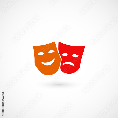 Comedy and tragedy theatrical masks. Happy and sad masks icons. Isolated on white background. Vector illustration, eps 10.