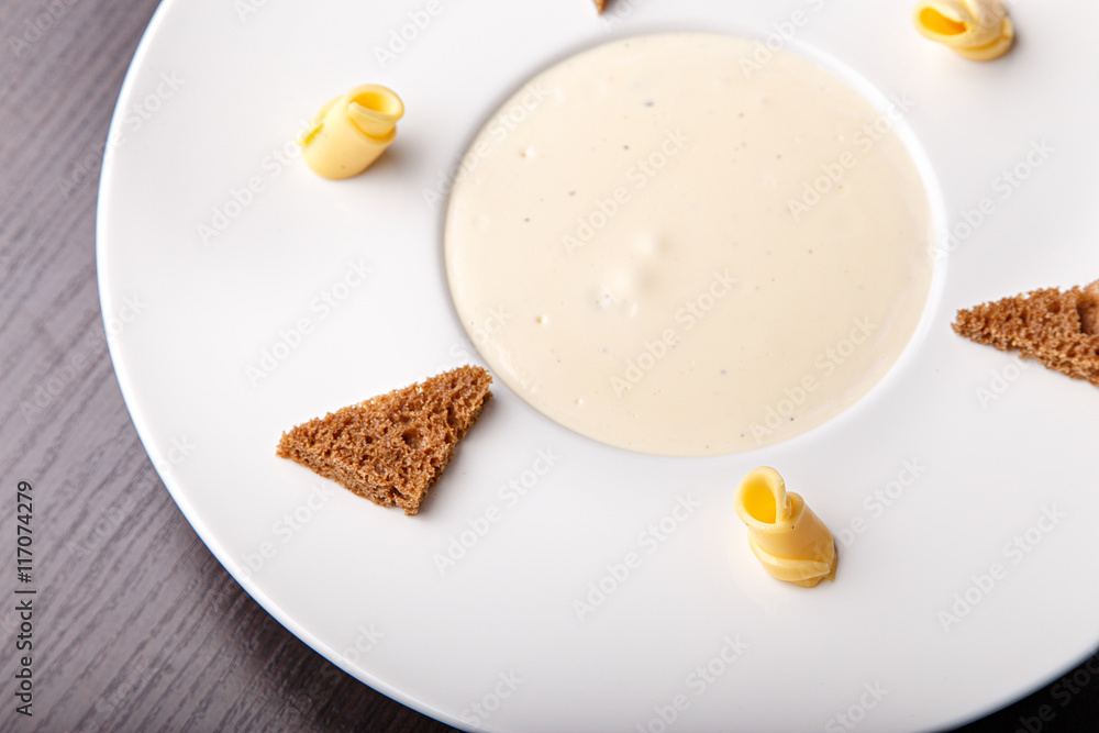 Mushroom cream soup, top view Mushroom cream soup, top view