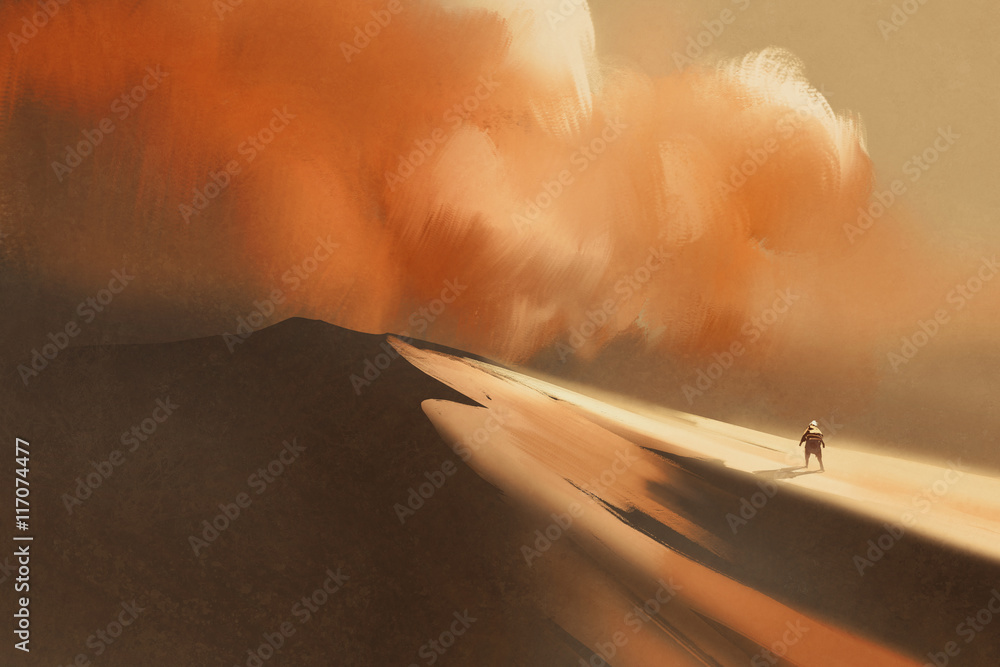 Fototapeta premium sandstorm in desert and hiking man,illustration,digital painting